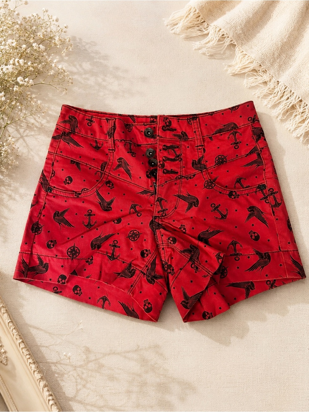 Lovesick Red High-Waist Button-Front Shorts with Black Nautical Print